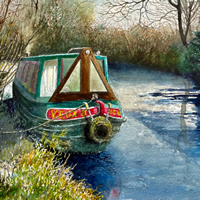 Basingstoke Canal Barge – Evening is Coming In – Woking Landscape Artist Colin Wood – Evening is coming in