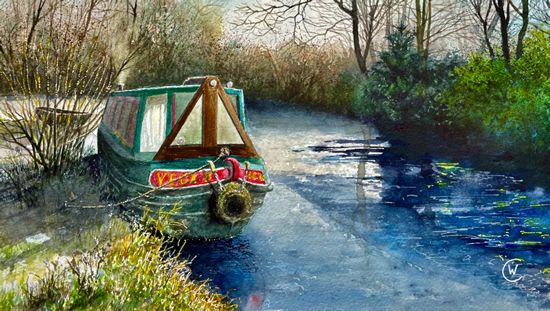 Basingstoke Canal Barge - Evening is Coming In - Woking Landscape Artist Colin Wood - Evening is coming in