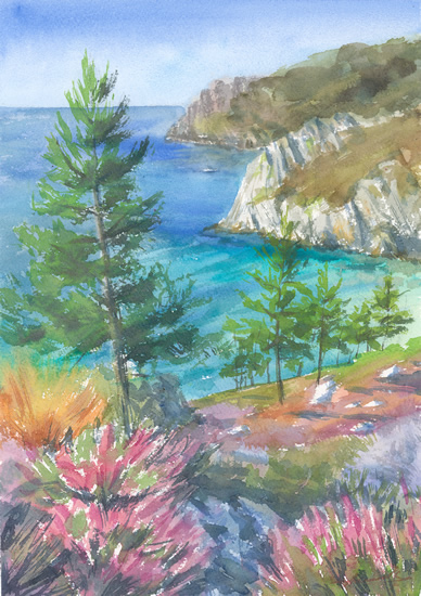 Morgat Coast, Brittany - Coastal Watercolour by Surrey Landscape Artist Nadia Poe Morgat Coast, Brittany - Coastal Watercolour by Surrey Landscape Artist Nadia Poe